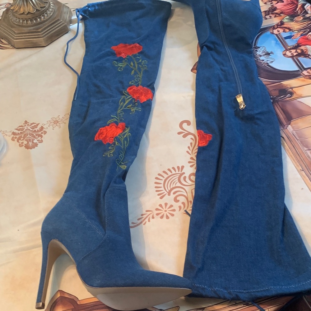 Blue Heeled Boots with Red Floral Embroidery